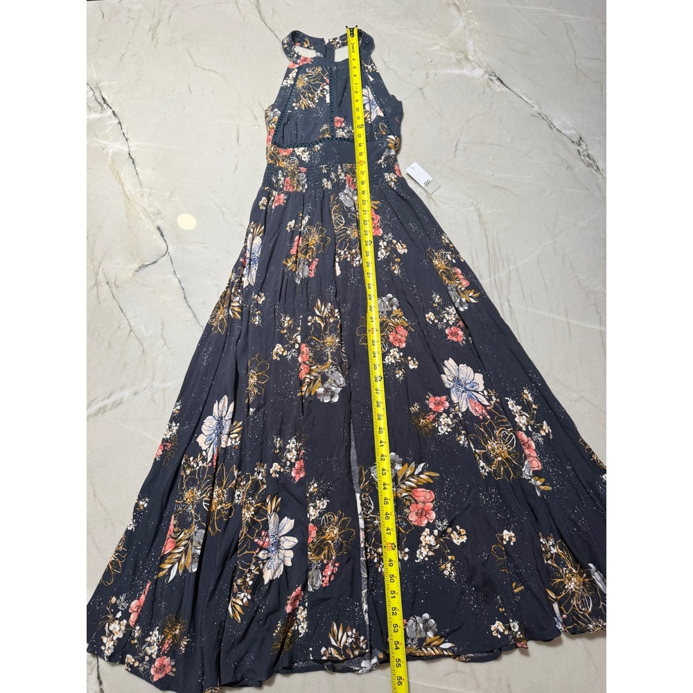 BP Nordstrom Floral Halter Maxi Dress Navy Blue Smocked Waist Open Back NWT - Picture 8 of 12